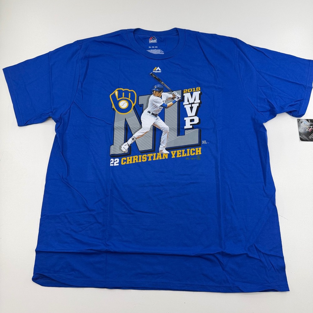 Majestic Milwaukee Brewers Christian Yelich 2018 NL MVP Blue T-Shirt Mens 2XL